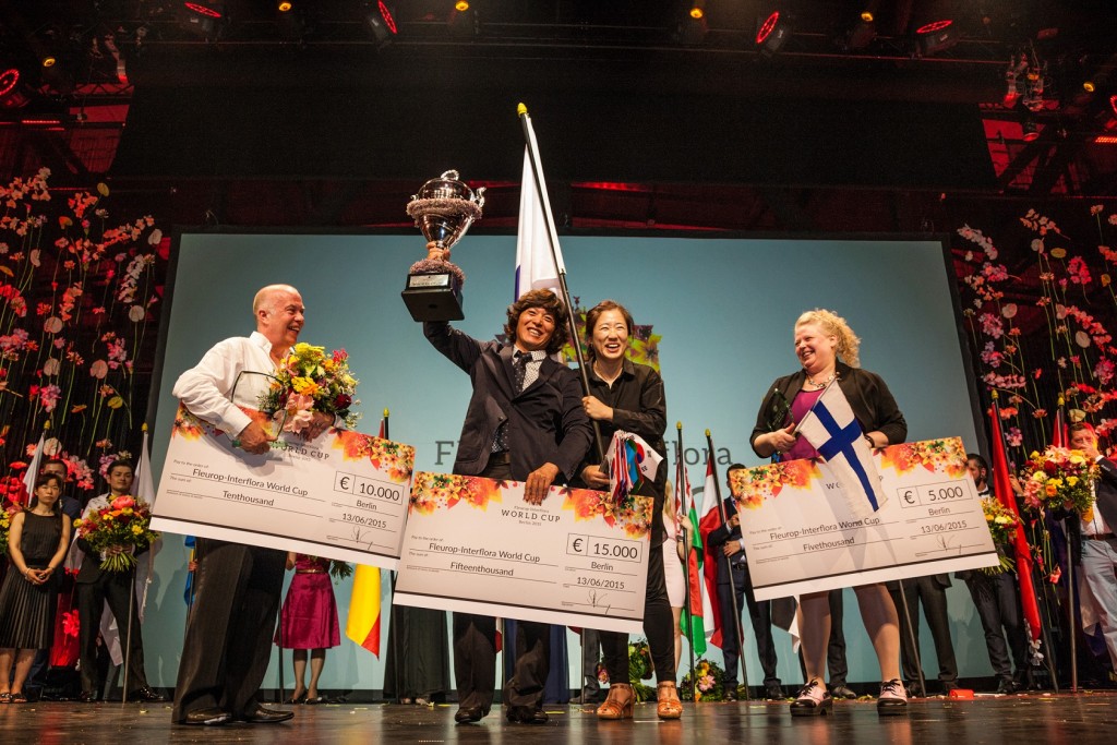 Copa del Mundo Fleurop-Interflora Berlín 2015, tres primeros clasificados. Foto: Fleurop AG, Berlín