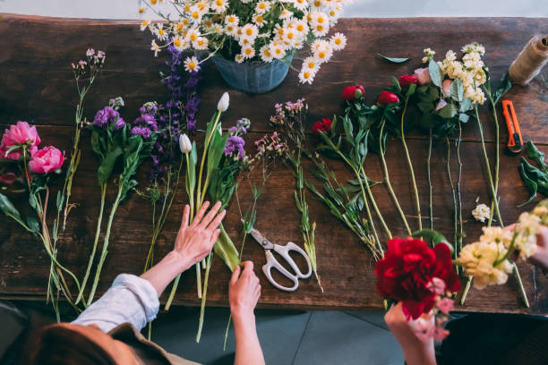 Flores secas en jarrones sobre mesa de madera sobre fondo blanco concepto  de floristería